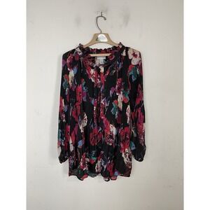 Catherines Womens Shirt 1X Dark Floral Gothic Romantic Whimsigoth Office Pleated